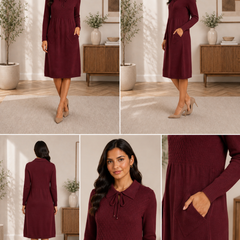 Burgundy Textured Knit Collared Midi Dress with Pockets