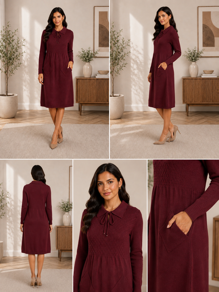 Burgundy Textured Knit Collared Midi Dress with Pockets