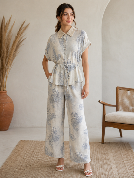 Ivory Paisley Printed Cotton Co-Ord Set for Women | Collared Shirt & Wide-Leg Trouser Set