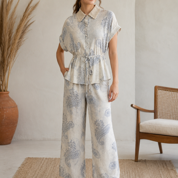 Ivory Paisley Printed Cotton Co-Ord Set for Women | Collared Shirt & Wide-Leg Trouser Set