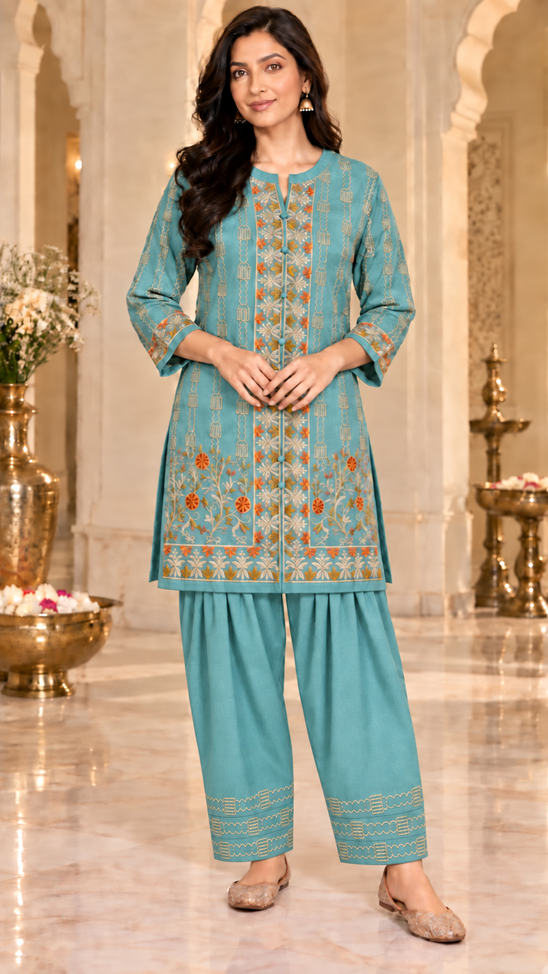 Embroidered Kurta & Farshi Salwar Co-ord Set for Women