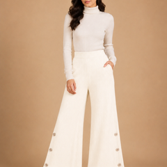 Women’s Premium Ribbed Knit Wide-Leg Pants with Button Detail