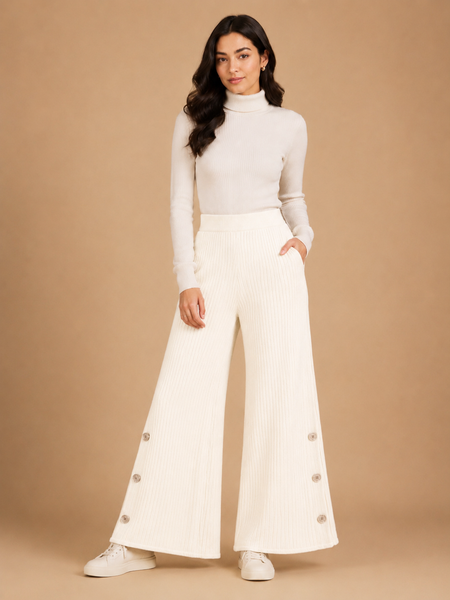 Women’s Premium Ribbed Knit Wide-Leg Pants with Button Detail