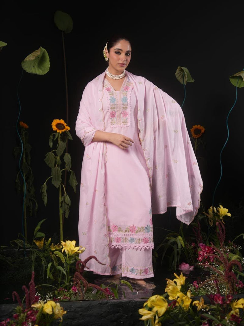 Women’s Powder Blue Floral Embroidered Kurta Pant Set with Dupatta | Elegant Ethnic Suit Set