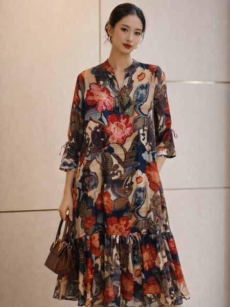 Floral Printed A-Line Midi Dress with Ruffle Hem