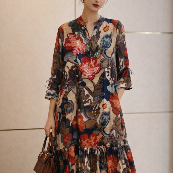 Floral Printed A-Line Midi Dress with Ruffle Hem