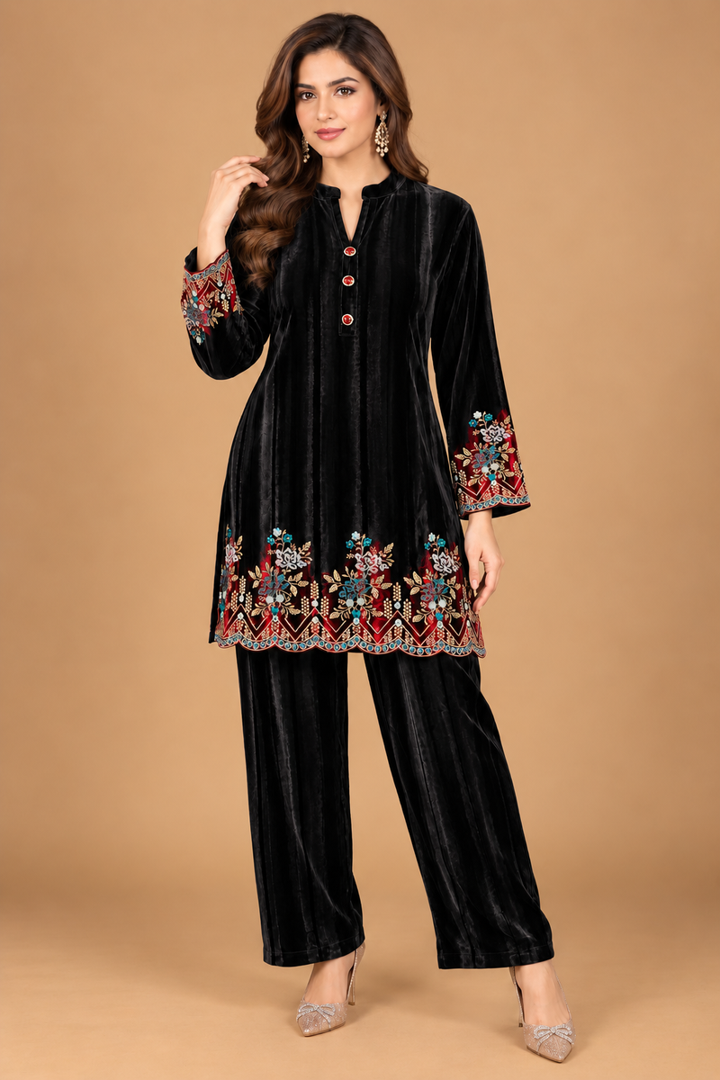 Ruby Wine Velvet Embroidered Co-ord Set