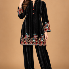 Ruby Wine Velvet Embroidered Co-ord Set