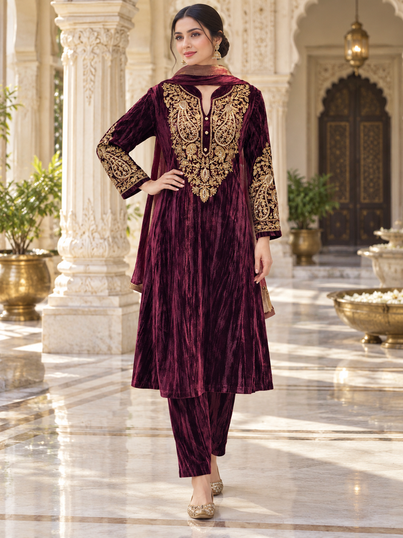 Velvet Zari Embroidered A-Line Suit Set