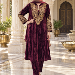 Velvet Zari Embroidered A-Line Suit Set