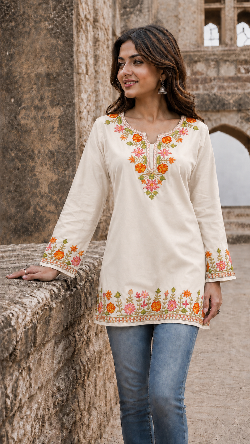 Mehendi Green Floral Embroidered Short Kurti for Women