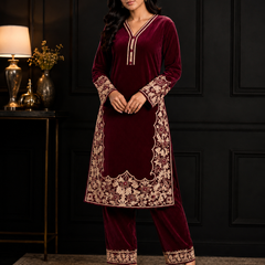 Peacock Blue Premium Velvet Embroidered Co-ord Set for Women
