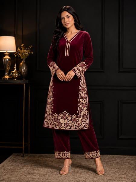 Peacock Blue Premium Velvet Embroidered Co-ord Set for Women