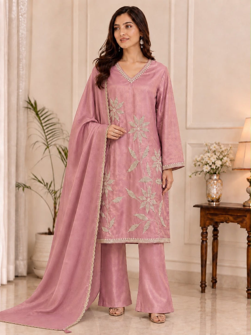 Women’s Dusty Rose Embroidered Kurta Palazzo Set with Dupatta | Elegant Festive Ethnic Wear