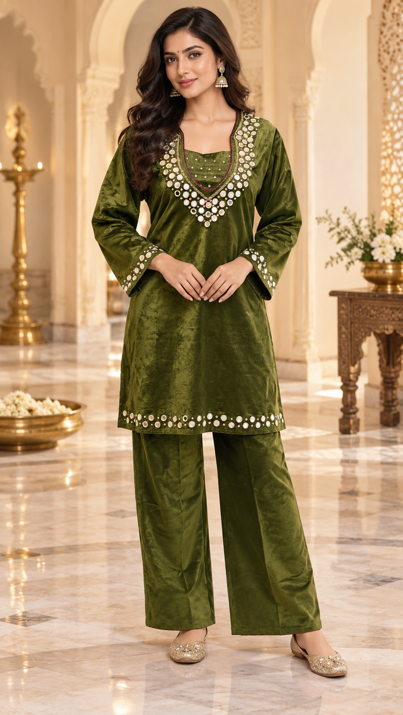 Corduroy Velvet Mirror Work Kurta Palazzo Set