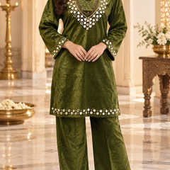 Corduroy Velvet Mirror Work Kurta Palazzo Set