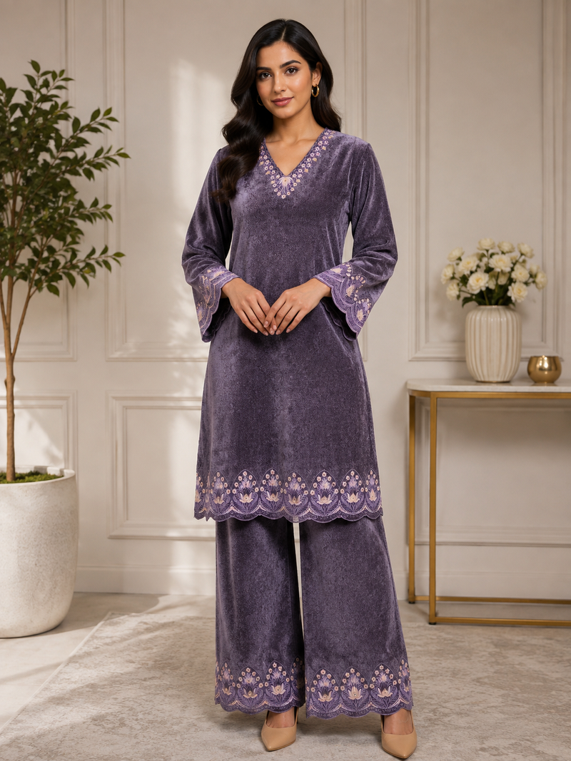 Aurelia Wine Embroidered Winter Co-ord Set