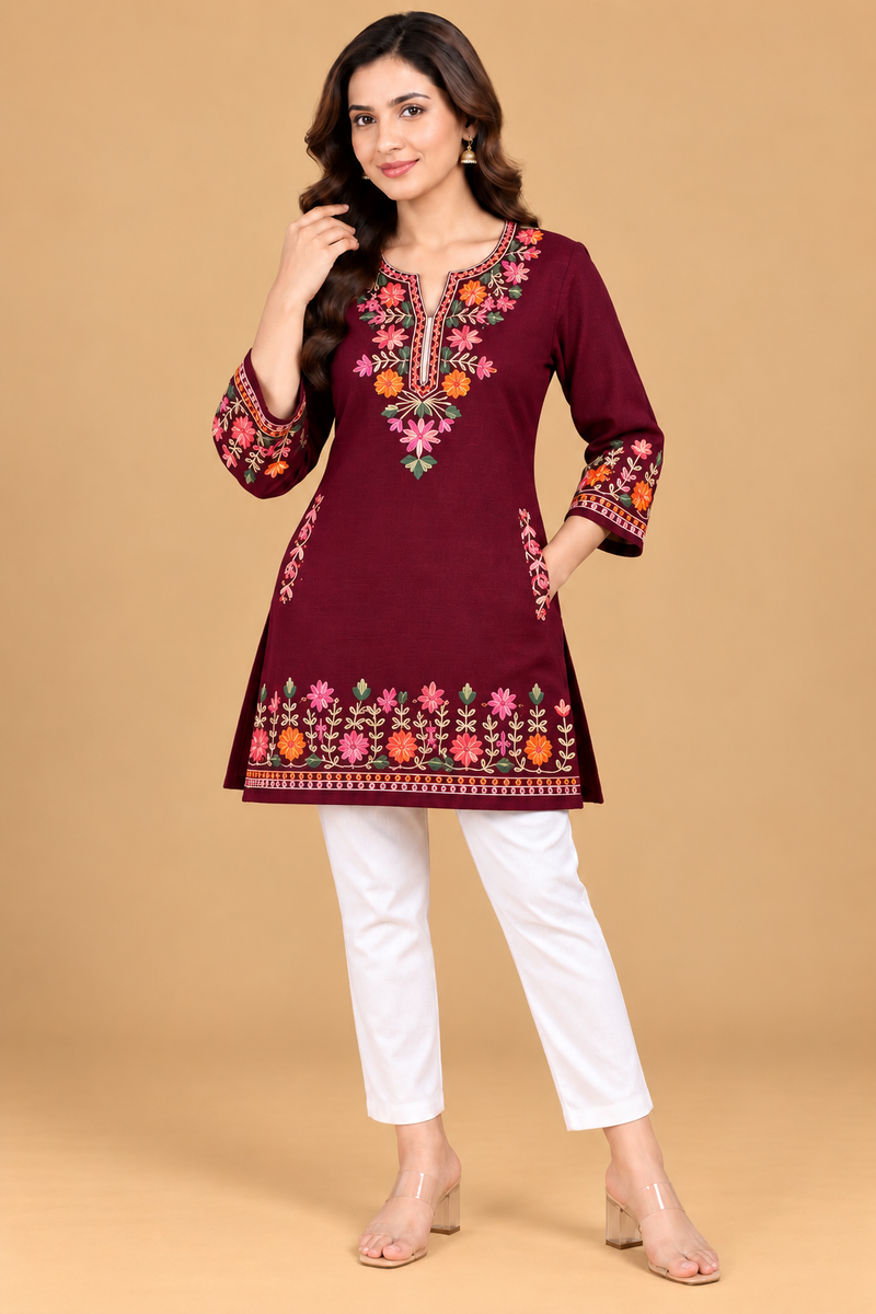 Multicolour Floral Embroidered Short Kurti for Women
