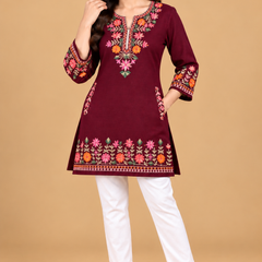 Multicolour Floral Embroidered Short Kurti for Women