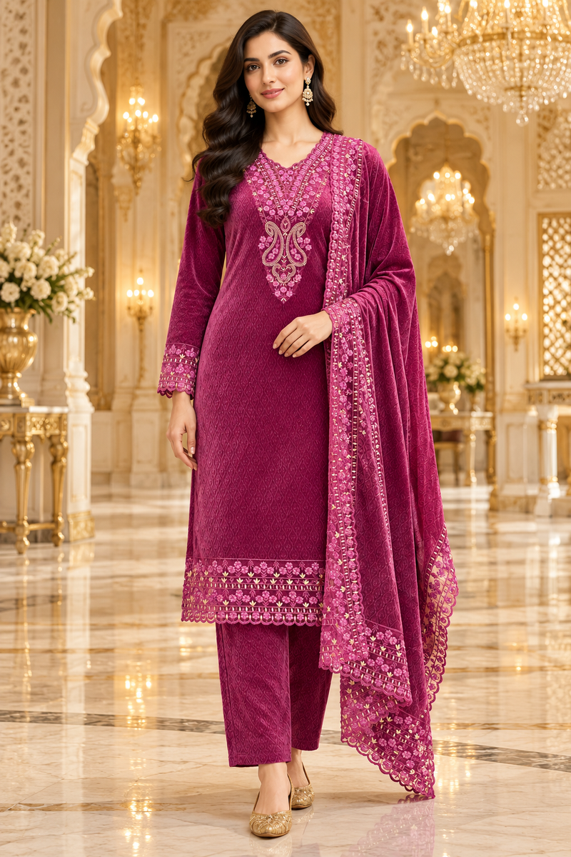Embroidered Velvet Kurta Set with Dupatta