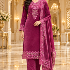 Embroidered Velvet Kurta Set with Dupatta