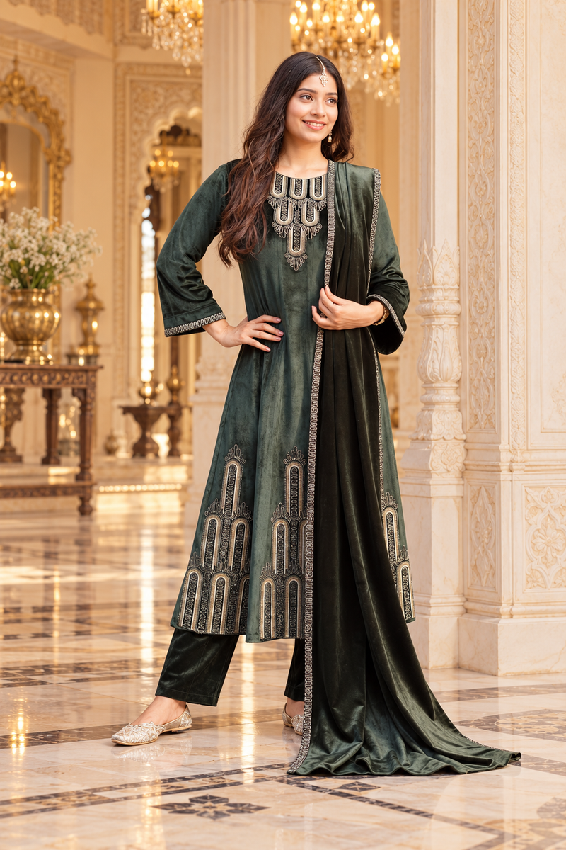 Forest Green Velvet Antique Embroidered Suit Set with Dupatta