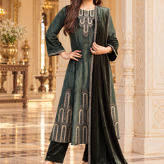 Forest Green Velvet Antique Embroidered Suit Set with Dupatta