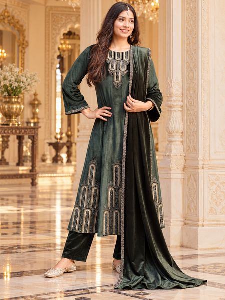 Forest Green Velvet Antique Embroidered Suit Set with Dupatta