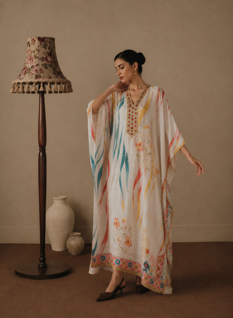 Women’s White Printed Kaftan Dress with Embellished V-Neck | Resort Wear Maxi Kaftan for Women