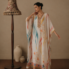 Women’s White Printed Kaftan Dress with Embellished V-Neck | Resort Wear Maxi Kaftan for Women