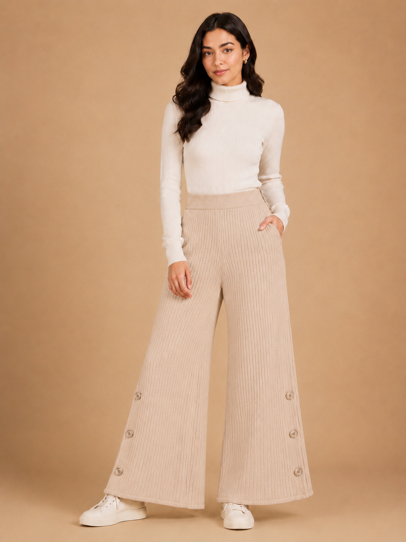 Women’s Premium Ribbed Knit Wide-Leg Pants with Button Detail