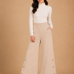 Women’s Premium Ribbed Knit Wide-Leg Pants with Button Detail