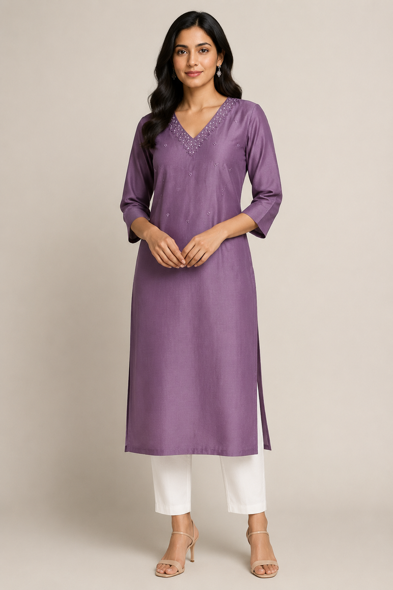 Women’s Mauve Purple Embroidered Straight Kurta