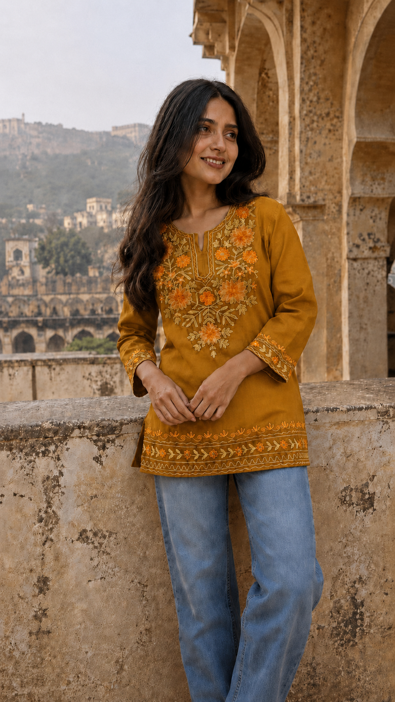 Ivory Floral Embroidered Short Kurti for Women