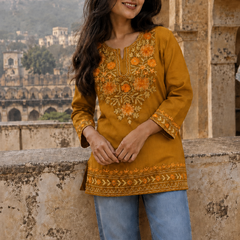 Ivory Floral Embroidered Short Kurti for Women
