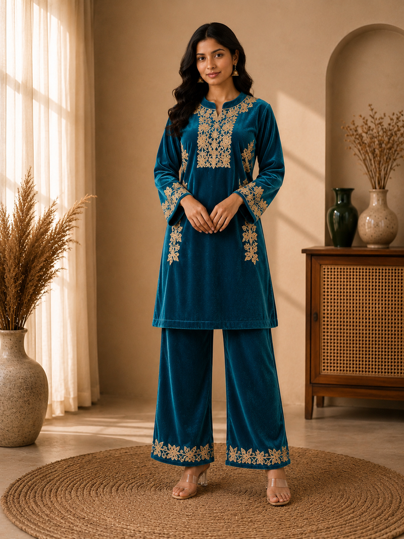 Wine Velvet Zari Embroidered Co-ord Set for Women