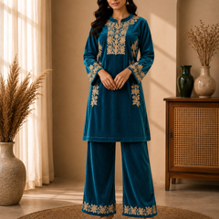 Wine Velvet Zari Embroidered Co-ord Set for Women