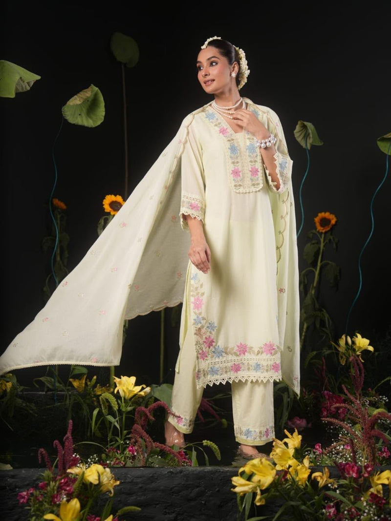 Women’s Powder Blue Floral Embroidered Kurta Pant Set with Dupatta | Elegant Ethnic Suit Set