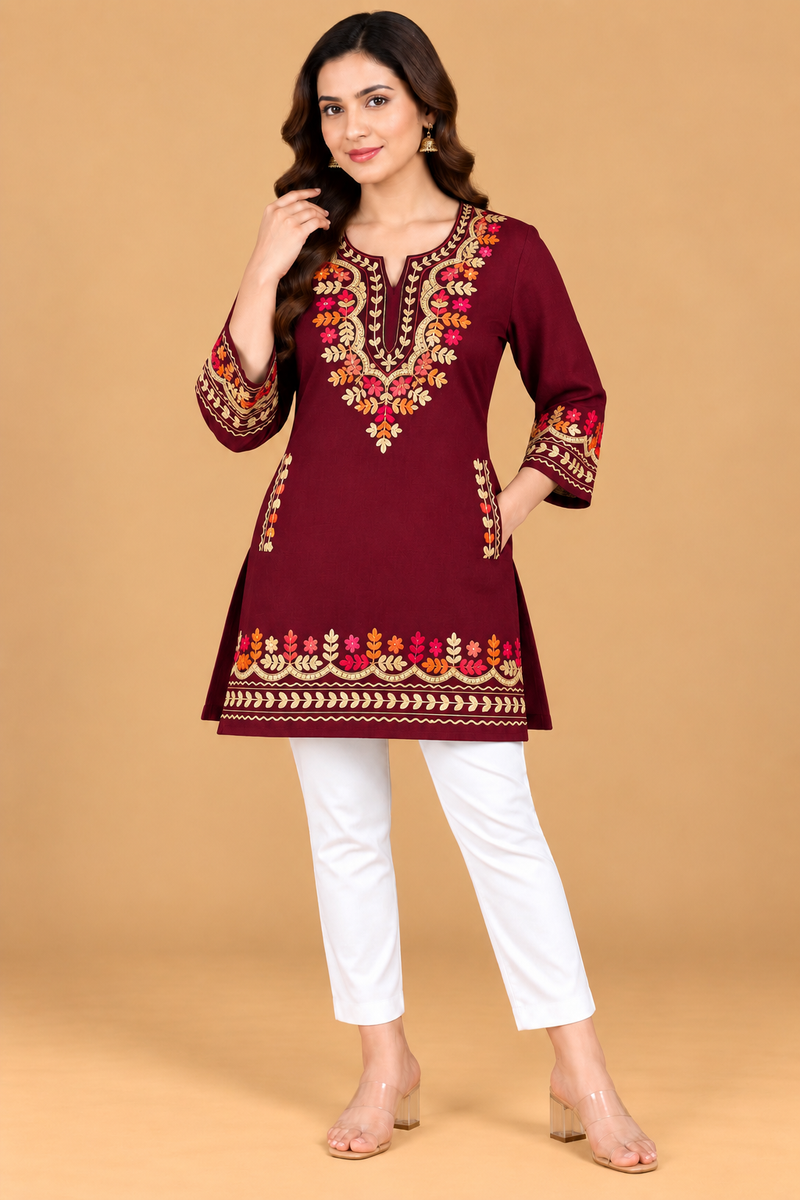 Multicolour Floral Embroidered Short Kurti for Women