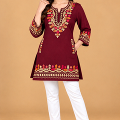 Multicolour Floral Embroidered Short Kurti for Women