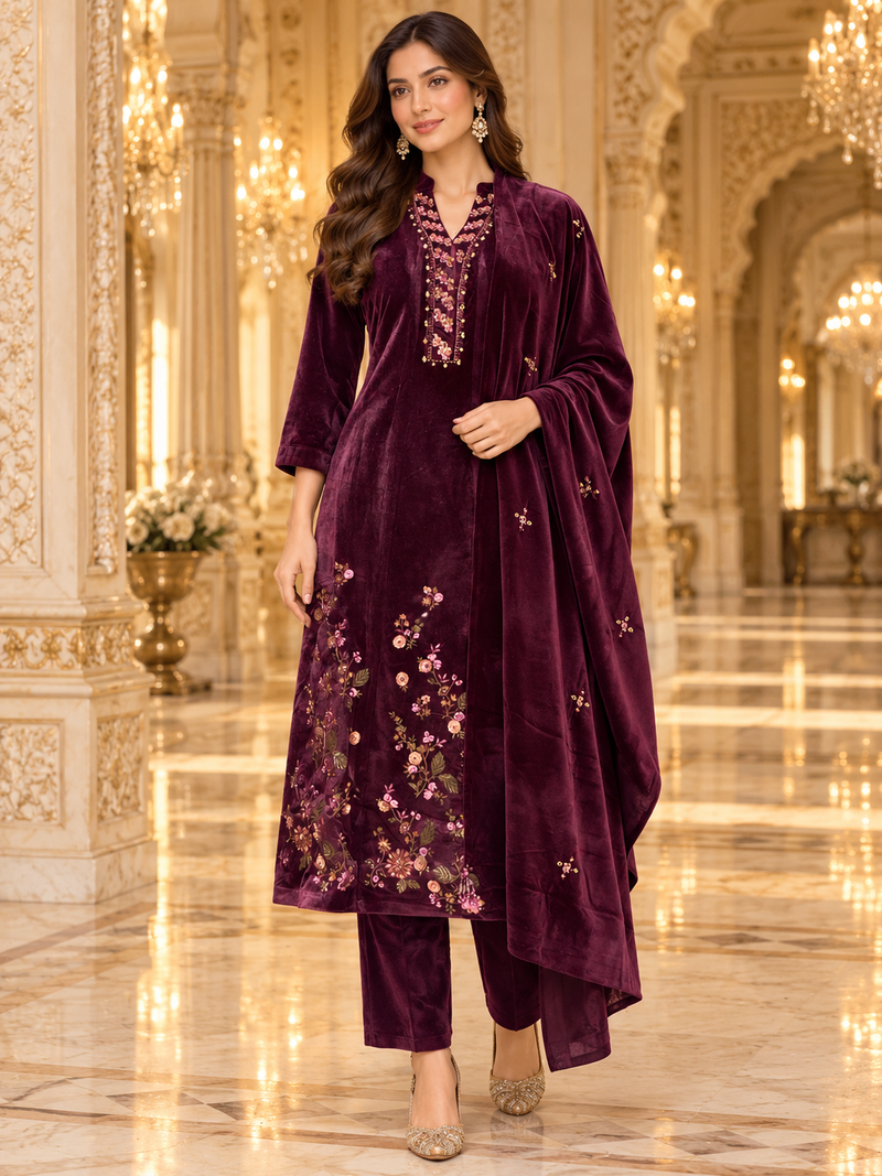 Black Velvet Floral Embroidered 3-Piece Winter Suit Set