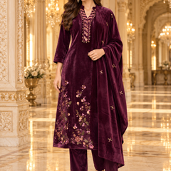 Black Velvet Floral Embroidered 3-Piece Winter Suit Set