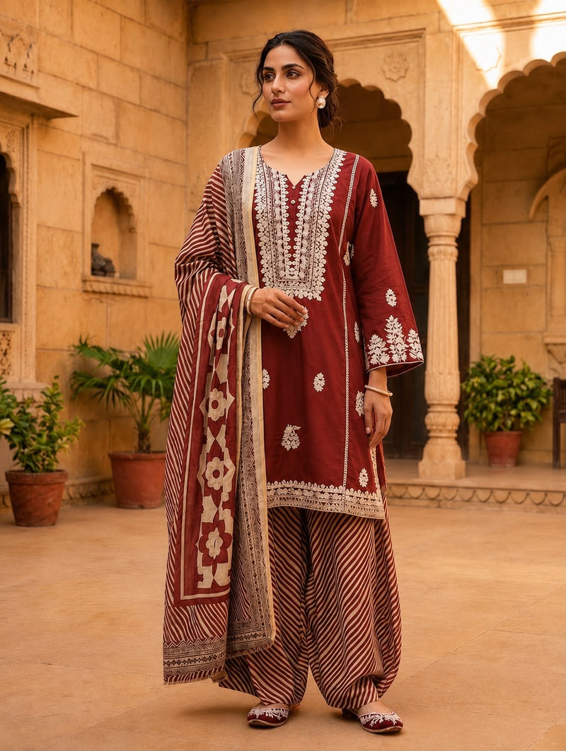 Women’s Maroon Embroidered Kurta Patiala Set with Printed Dupatta | Traditional Ethnic Suit for Women