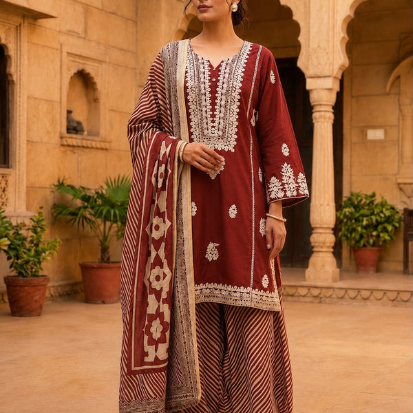Women’s Maroon Embroidered Kurta Patiala Set with Printed Dupatta | Traditional Ethnic Suit for Women