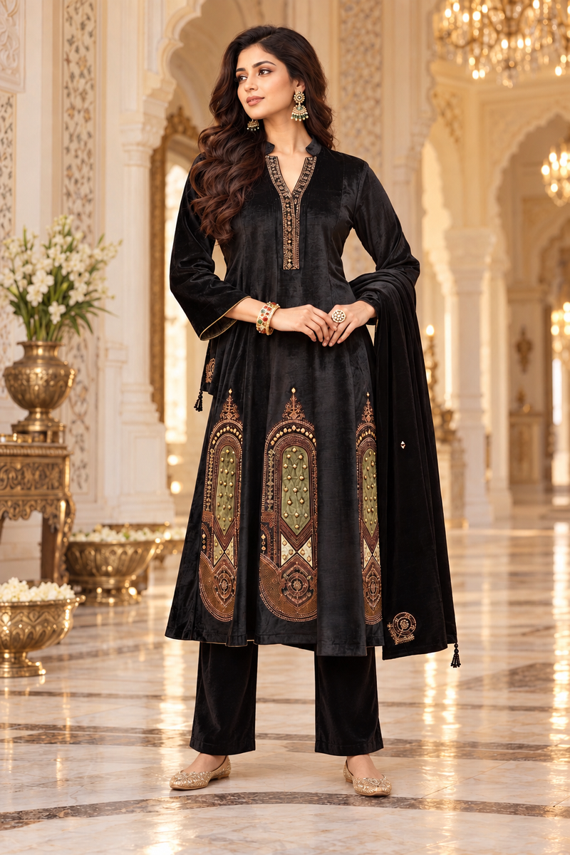 Black Velvet Mughal Motif Embroidered 3-Piece Winter Suit Set