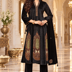 Black Velvet Mughal Motif Embroidered 3-Piece Winter Suit Set
