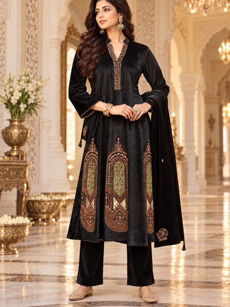 Black Velvet Mughal Motif Embroidered 3-Piece Winter Suit Set