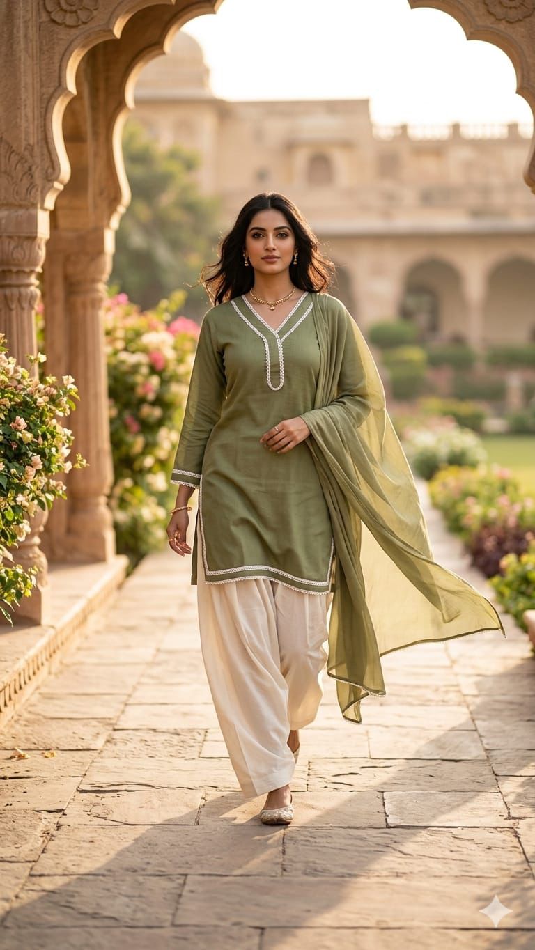 Olive Green Cotton Suit Set with Dupatta for Women | Solid Kurta & Patiala Salwar Set