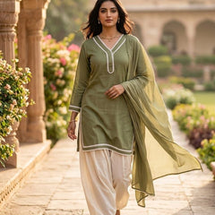 Olive Green Cotton Suit Set with Dupatta for Women | Solid Kurta & Patiala Salwar Set