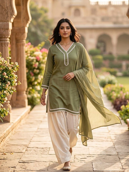 Olive Green Cotton Suit Set with Dupatta for Women | Solid Kurta & Patiala Salwar Set